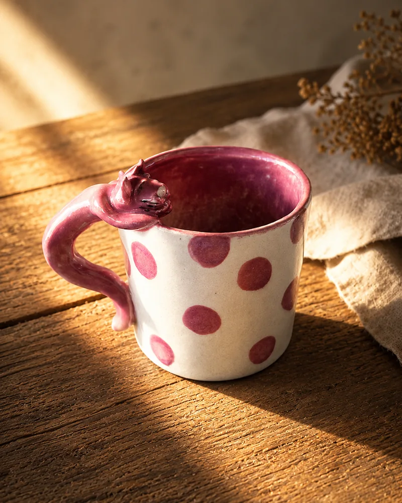 Caneca Pantera Cor de Rosa, peça de cerâmica artesanal